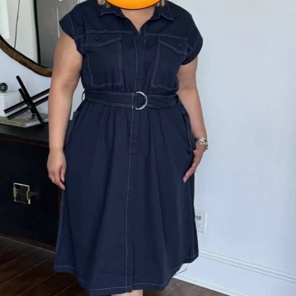Navy Blue Belted Utility Shirt Dress